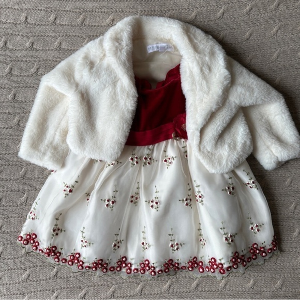 EUC Cinderella Brand Baby Girl Formal Dress & Shrug Set, Red & Ivory, 12 Months